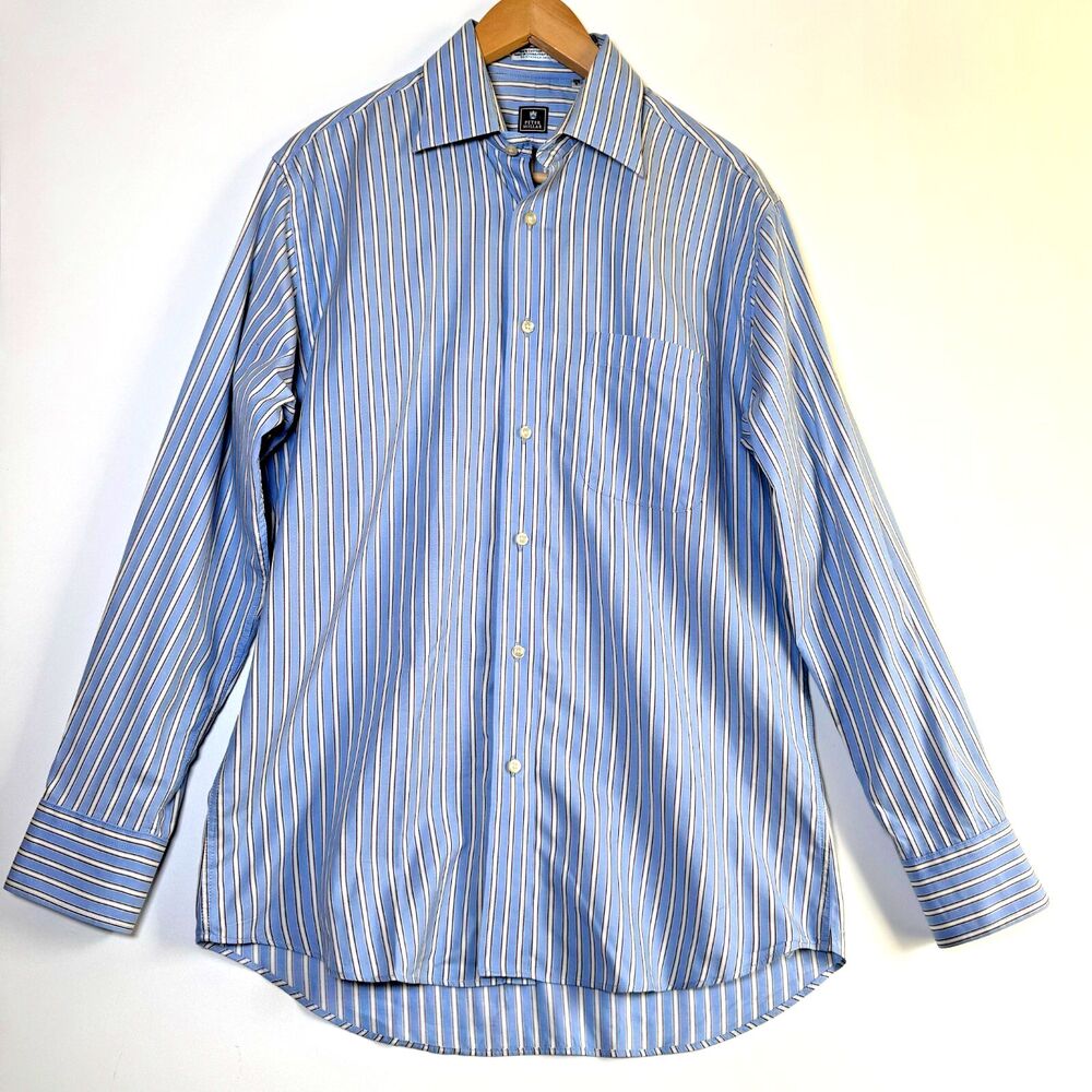 Peter Millar Dress Shirt Mens 15.5R Blue Ivory Stripe Cotton Long Sleeve Classic